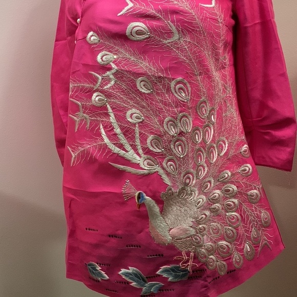 Oriental Mulberry Silk Pink Peacock Embroidered Jacket w Pearl Buttons size S - Picture 3 of 16